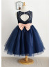 Navy Blue Lace Tulle Keyhole Back Knee Length Flower Girl Dress